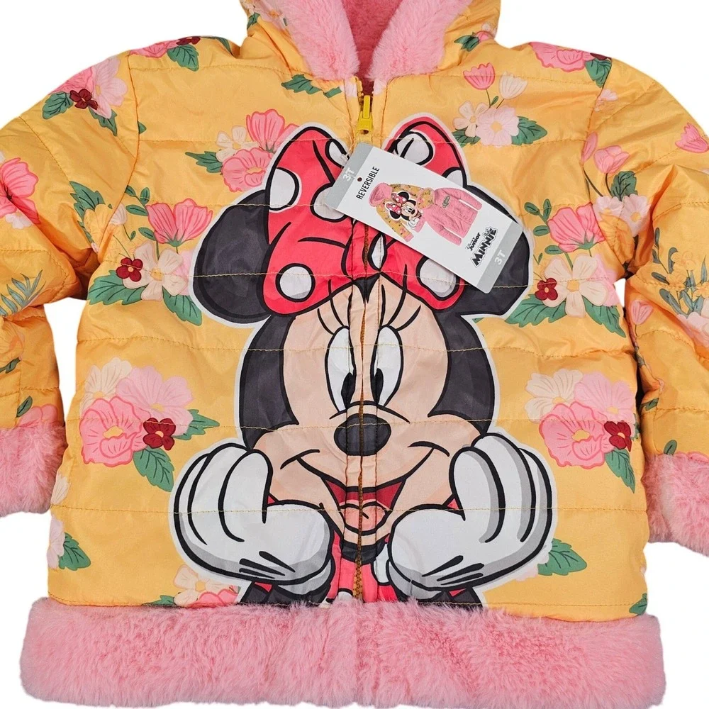 Disney Junior Minnie Mouse‎ Reversible Puffer Jacket Yellow Floral Pink 3T New